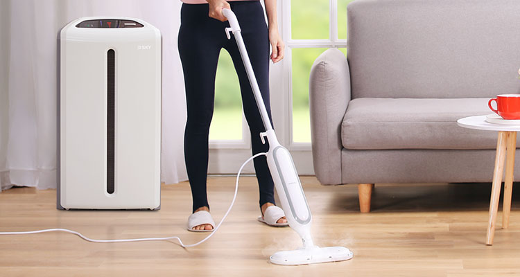 Lifestyle mood shot of a woman using the Imaxx Steam Mop to clean her living room 